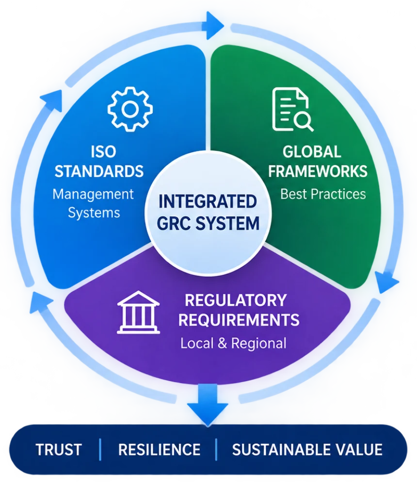 Integrated GRC System: ISO standards, global frameworks and regulatory requirements combined for trust, resilience and sustainable value